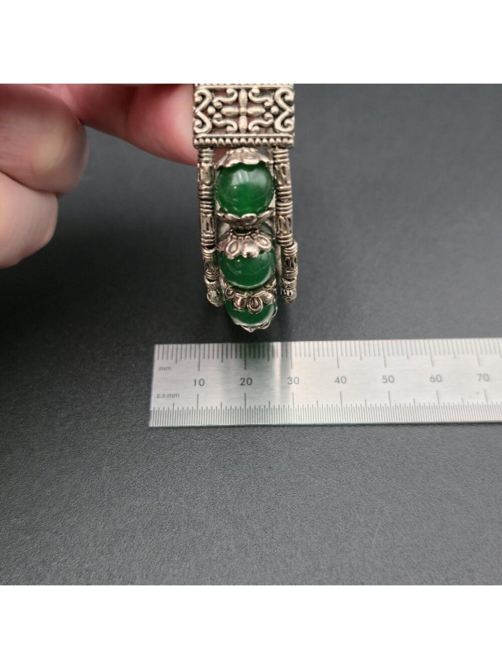 7 Inch Vintage Green Jade Bead Filigree Multi-Strand Cuff Bracelet B1530 - Picture 5 of 6